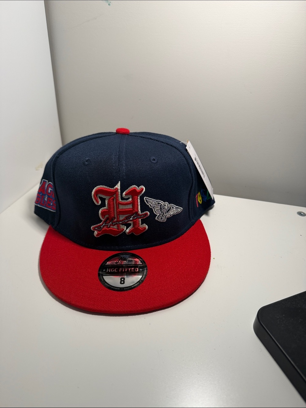 Tommy Hilfiger Navy and Red Fitted Hat with Embroidered 'H' Logo size 8